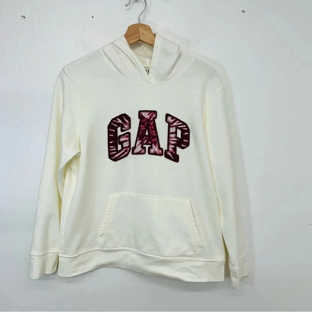 Gap Sweatshirt Hood Spell Out Woman‎ Large Cream Pink Long Sleeve Pocket Retro